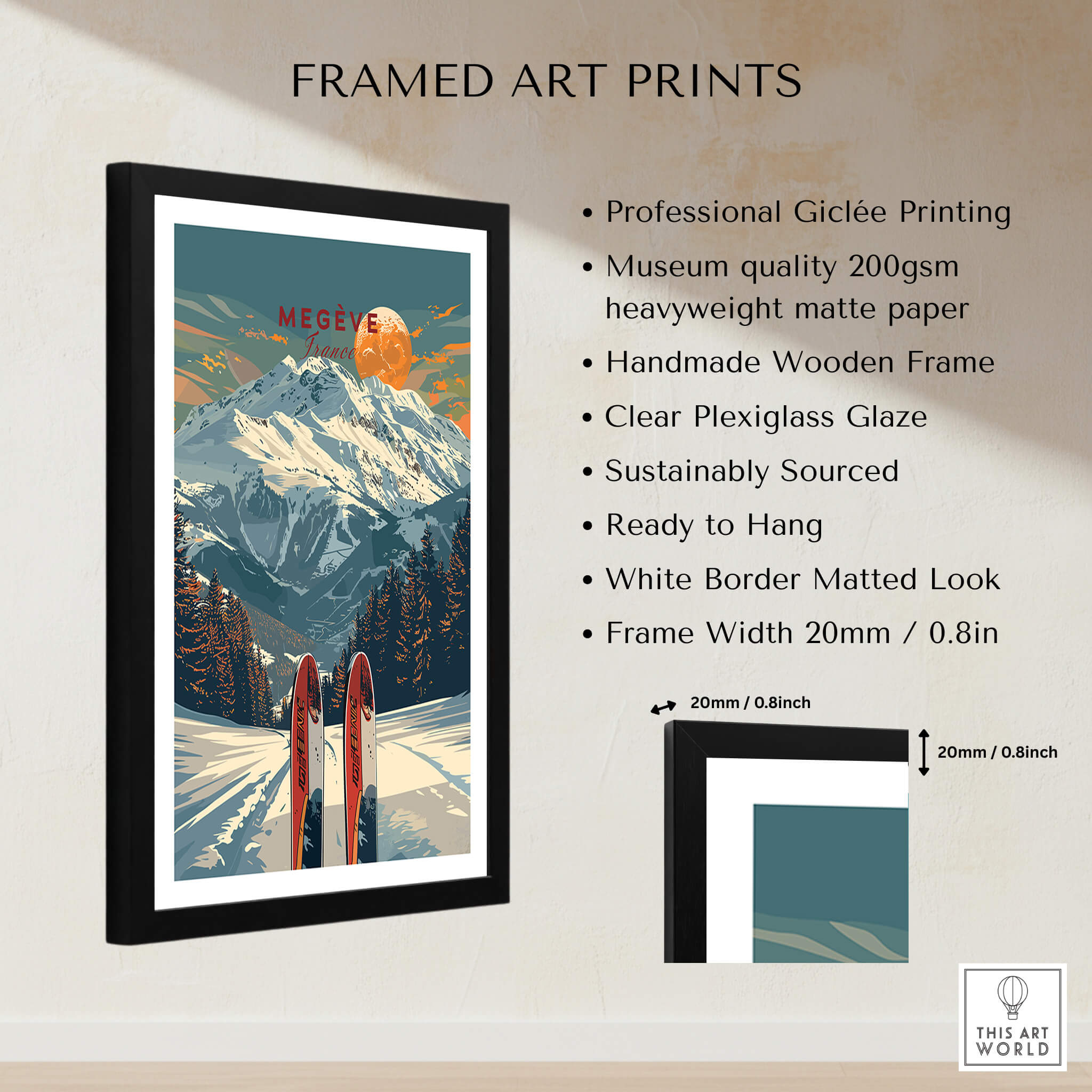 Megève Travel Poster - France featuring a picturesque ski scene with vibrant colors and a handmade wooden frame.