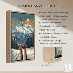 Megève Travel Poster - France framed canvas print showcasing snowy mountains and ski equipment, ready to hang.