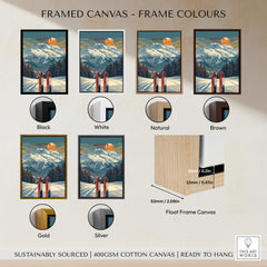 Framed canvas options for Megève Travel Poster - France in various colors including black, white, natural, brown, gold, and silver.