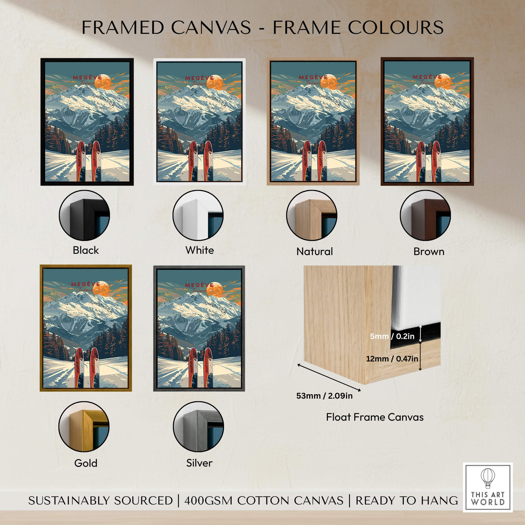 Framed canvas options for Megève Travel Poster - France in various colors including black, white, natural, brown, gold, and silver.