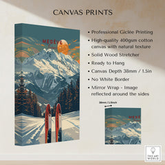Megève Travel Poster - France displayed on a professional giclée printed canvas with ski equipment.