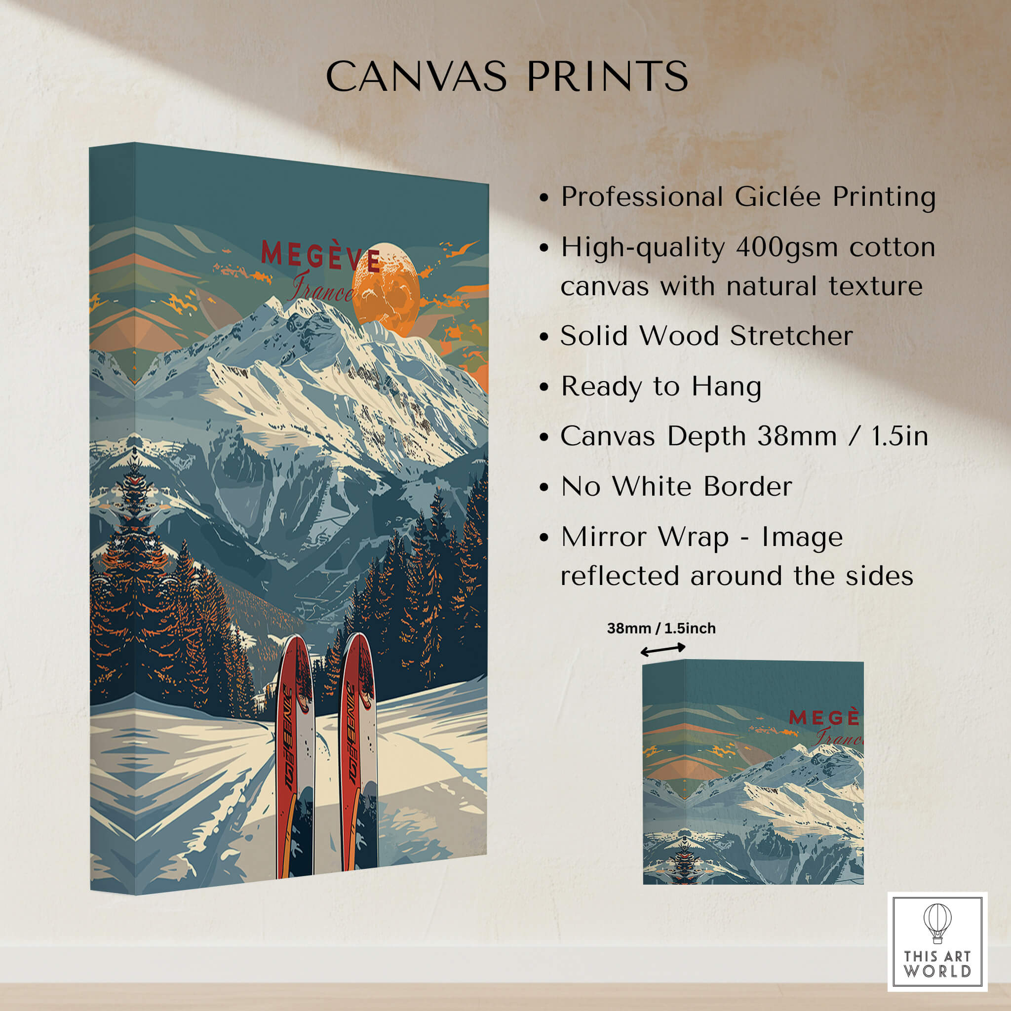 Megève Travel Poster - France displayed on a professional giclée printed canvas with ski equipment.