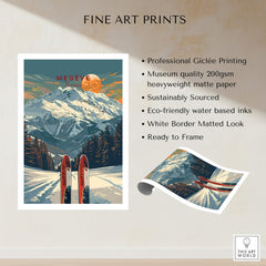 Megève Travel Poster - France showcasing professional Giclée printing on heavyweight matte paper with vibrant colors.