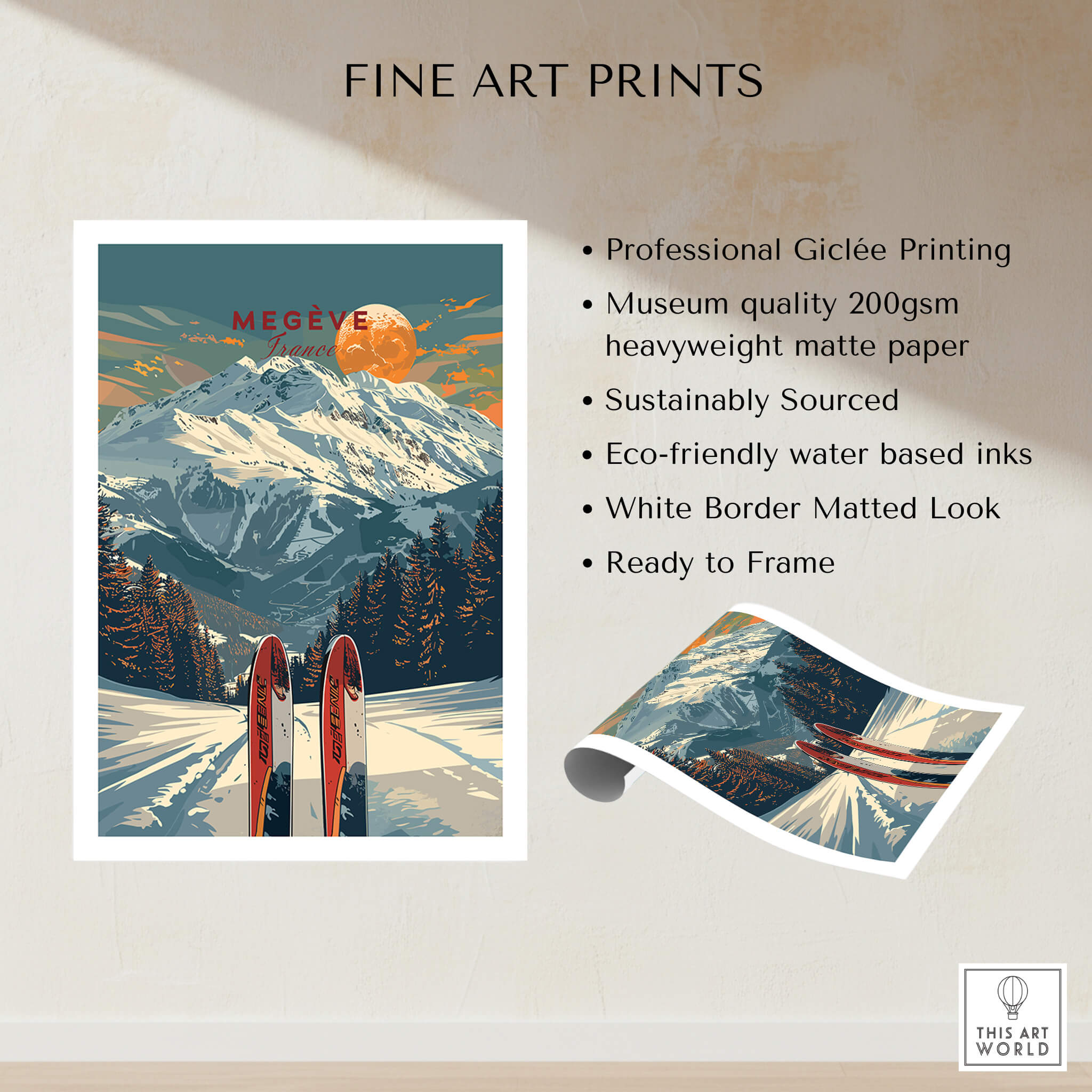 Megève Travel Poster - France showcasing professional Giclée printing on heavyweight matte paper with vibrant colors.