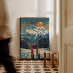Megève Travel Poster - France featuring breathtaking mountain landscape and ski elements in a stylish interior setting.