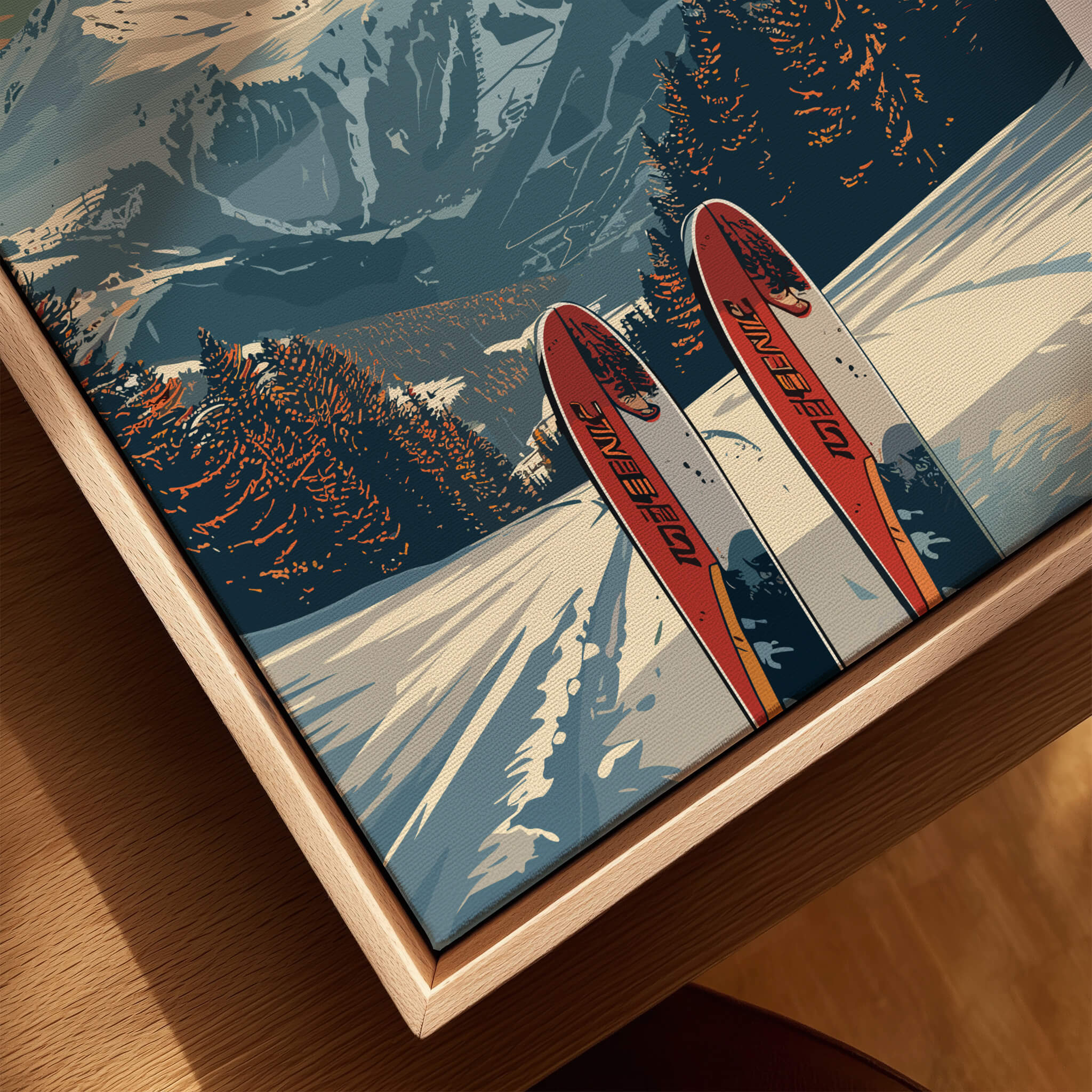 Megève Travel Poster -  France featuring vintage skis and stunning alpine scenery, showcasing the charm of the French Alps.