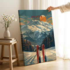 Megève Travel Poster - France featuring snow-capped mountains and skis, capturing the charm of the French Alps.