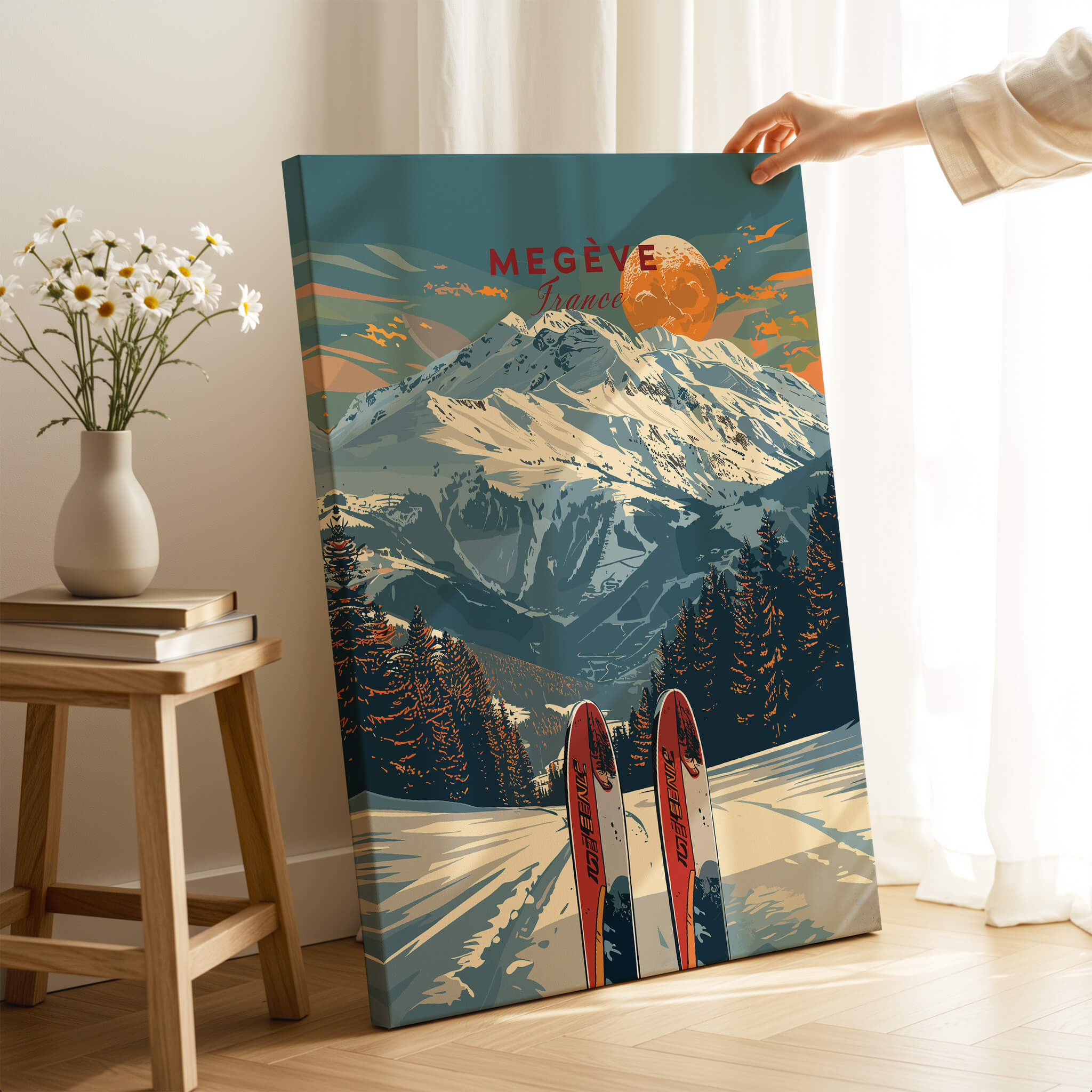 Megève Travel Poster - France featuring snow-capped mountains and skis, capturing the charm of the French Alps.