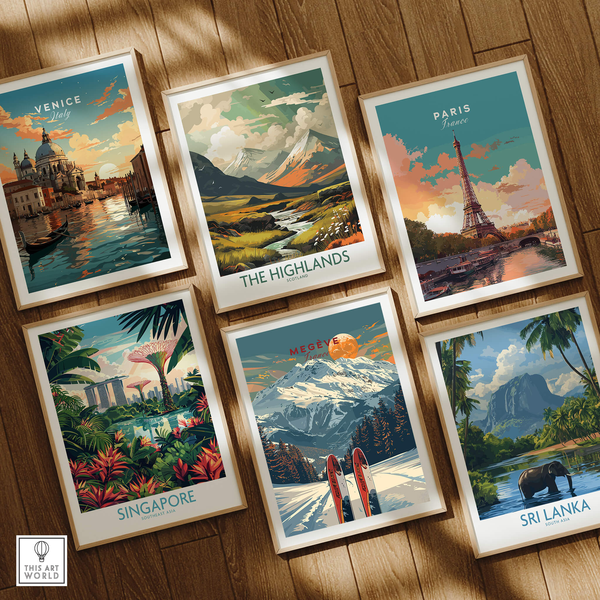 Megève Travel Poster -  France and other travel posters of iconic destinations framed together.