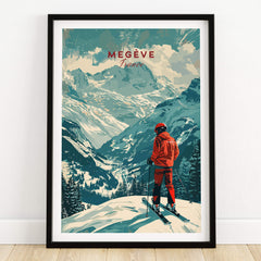 Megève Ski Poster - France, vintage style ski print showcasing the French Alps with a skier in red against majestic mountains.