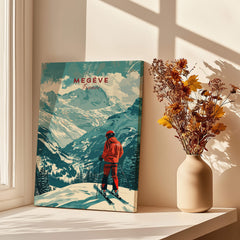 Megève Ski Poster - France showcasing a skier in the French Alps with colorful mountains and winter scenery.