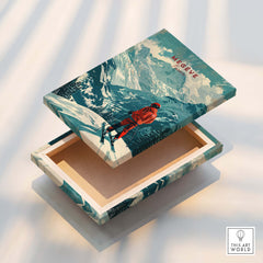 Megève Ski Poster - France displayed on a decorative box showcasing a skier and snowy mountains.