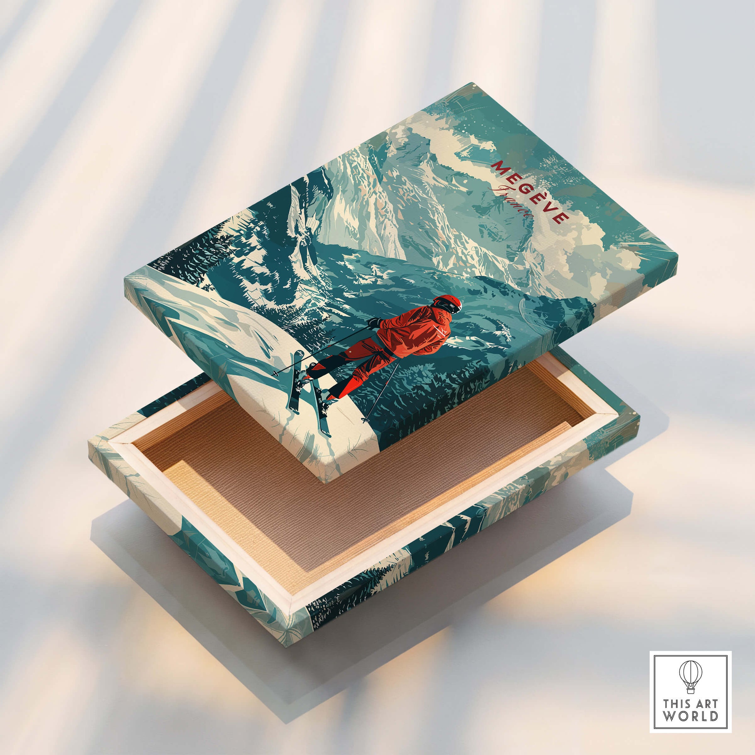 Megève Ski Poster - France displayed on a decorative box showcasing a skier and snowy mountains.