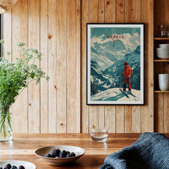 Megève Ski Poster - France displayed in a cozy interior, featuring stunning Alps scenery and vibrant colors.