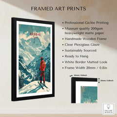 Megève Ski Poster - France framed art print showcasing the French Alps with a skier against a mountain backdrop.