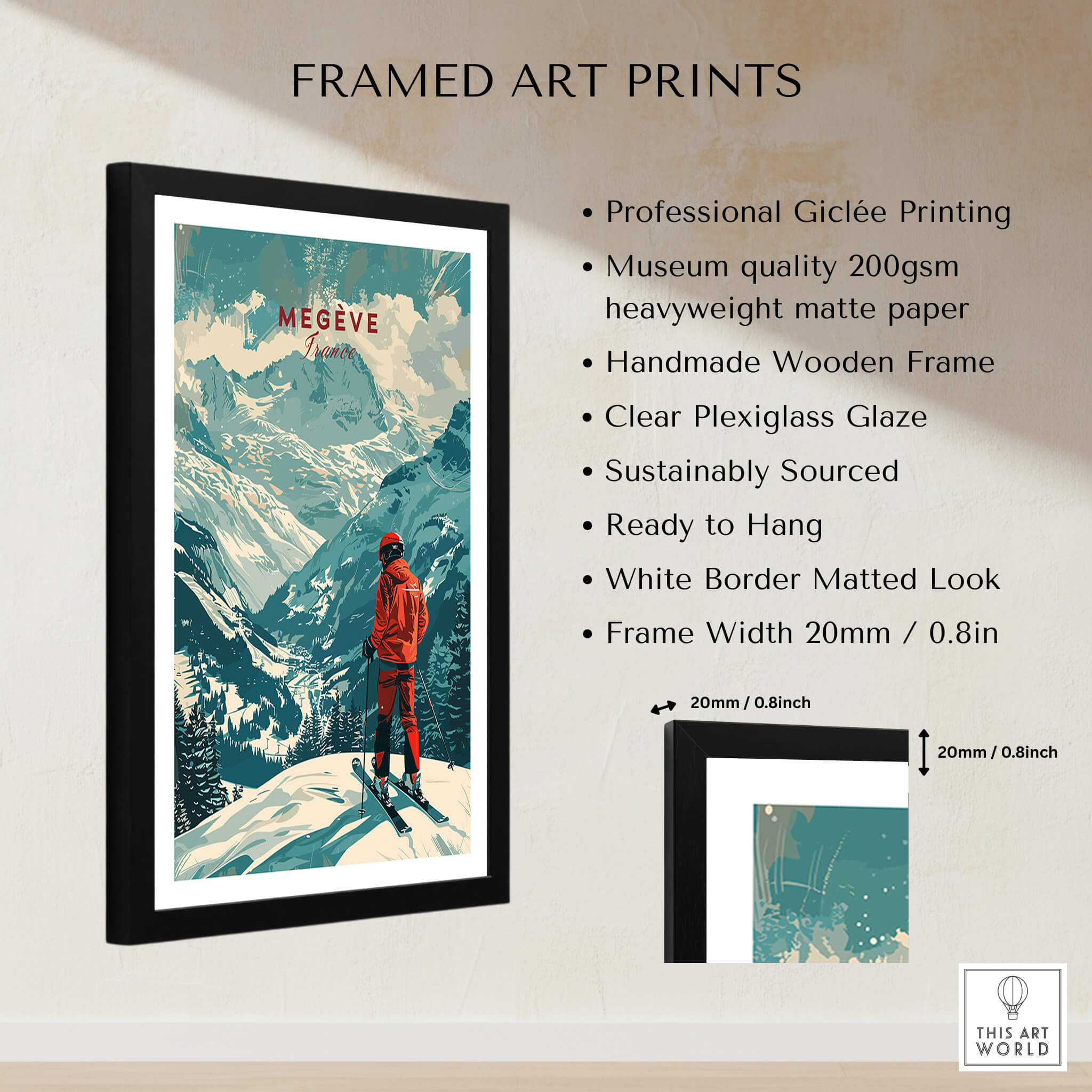 Megève Ski Poster - France framed art print showcasing the French Alps with a skier against a mountain backdrop.