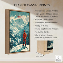 Megève Ski Poster -  France displayed on a framed canvas, showcasing the French Alps with vibrant colors.