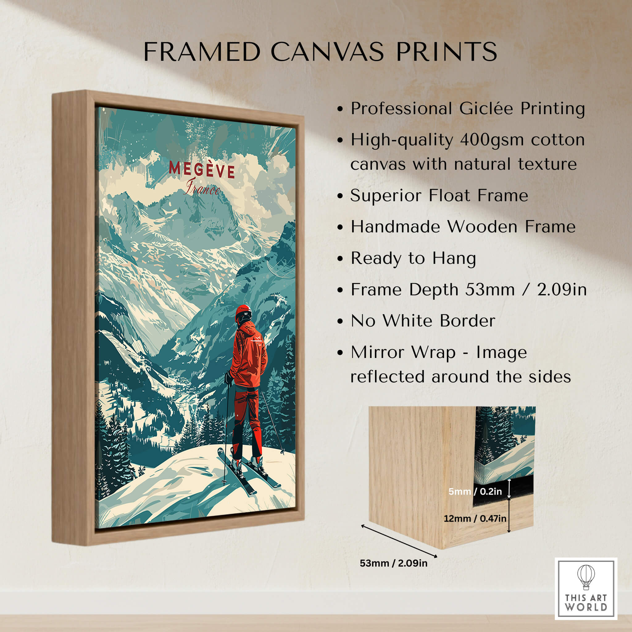 Megève Ski Poster -  France displayed on a framed canvas, showcasing the French Alps with vibrant colors.