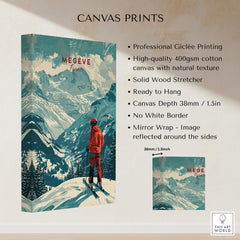Megève Ski Poster - France showcased on high-quality canvas with snowy mountains and a skier.