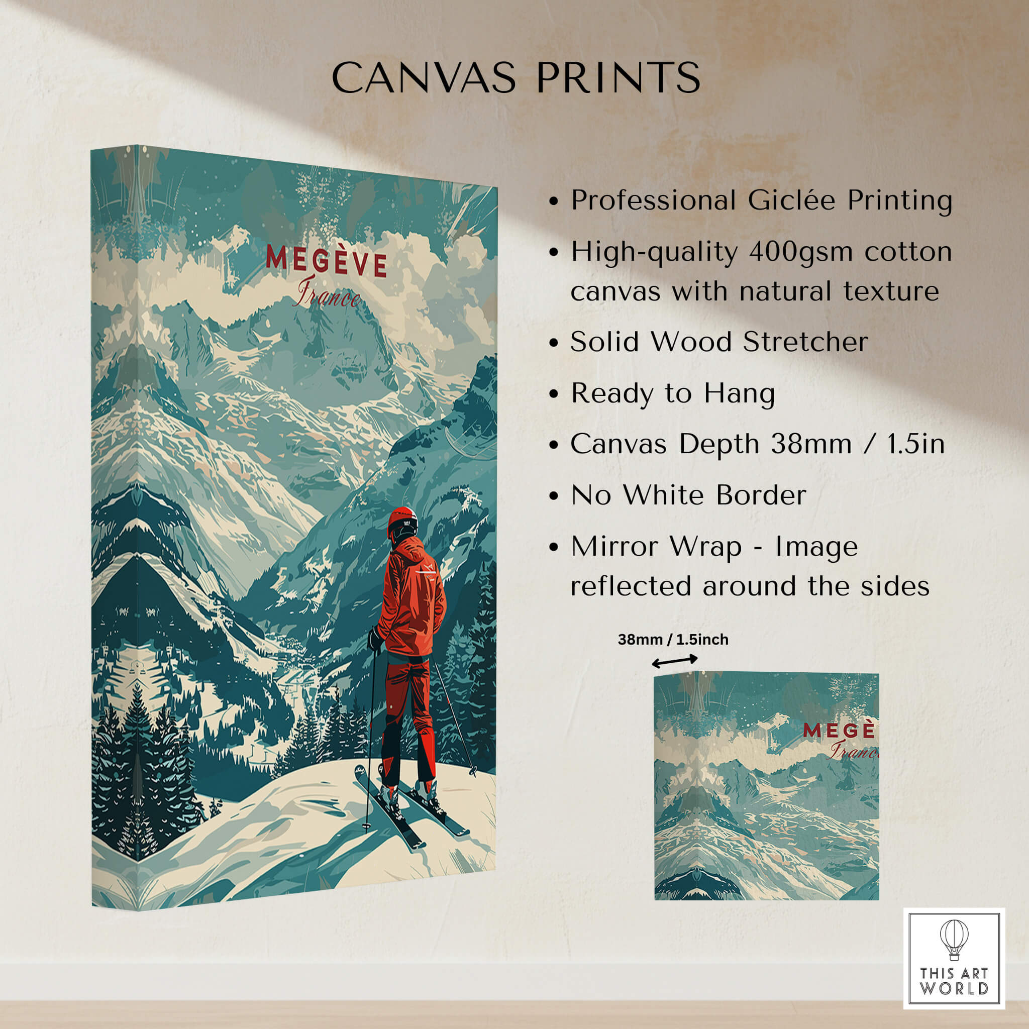 Megève Ski Poster - France showcased on high-quality canvas with snowy mountains and a skier.
