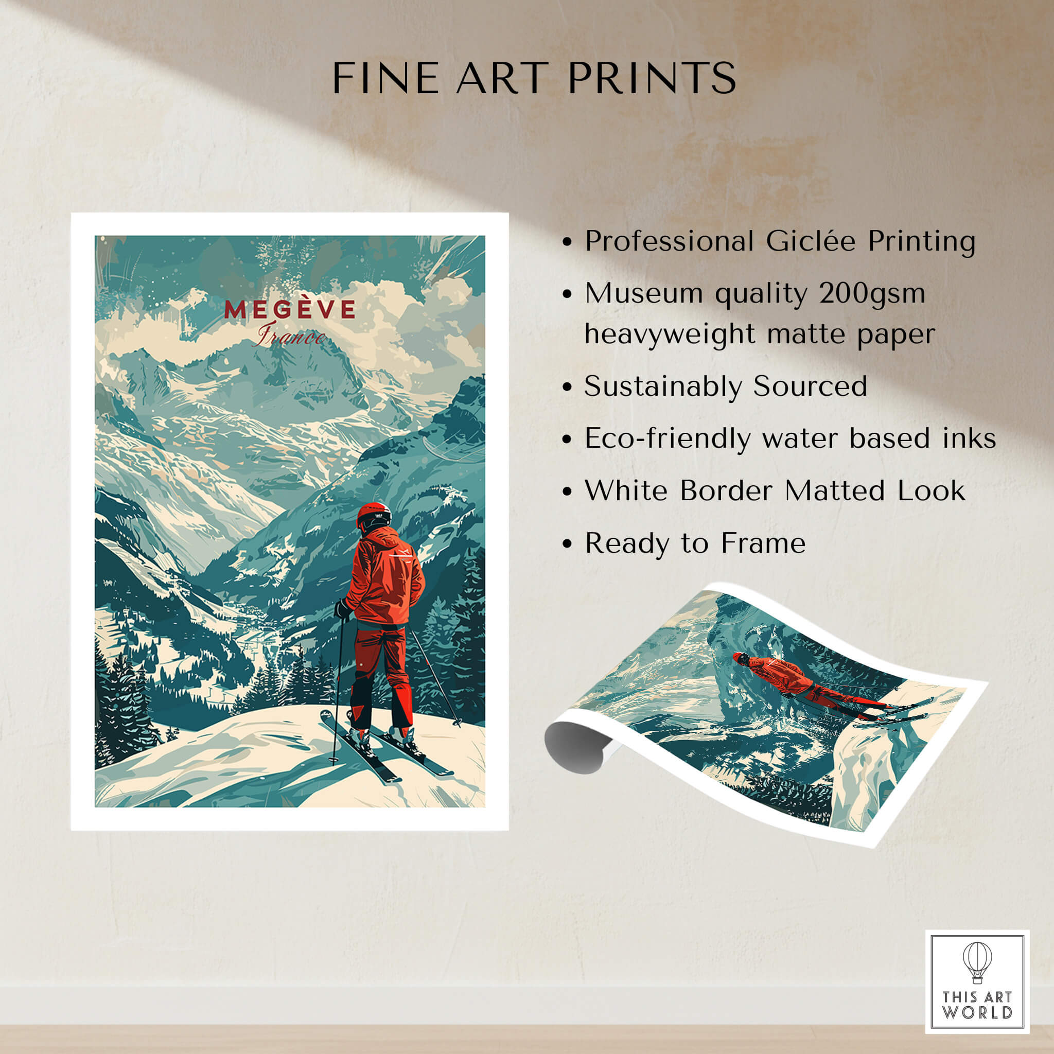 Megève Ski Poster - France showcasing the scenic French Alps with a skier in vibrant colors on high-quality matte paper.