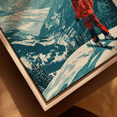Megève Ski Poster - France featuring a skier on snowy slopes with picturesque mountains in the background.