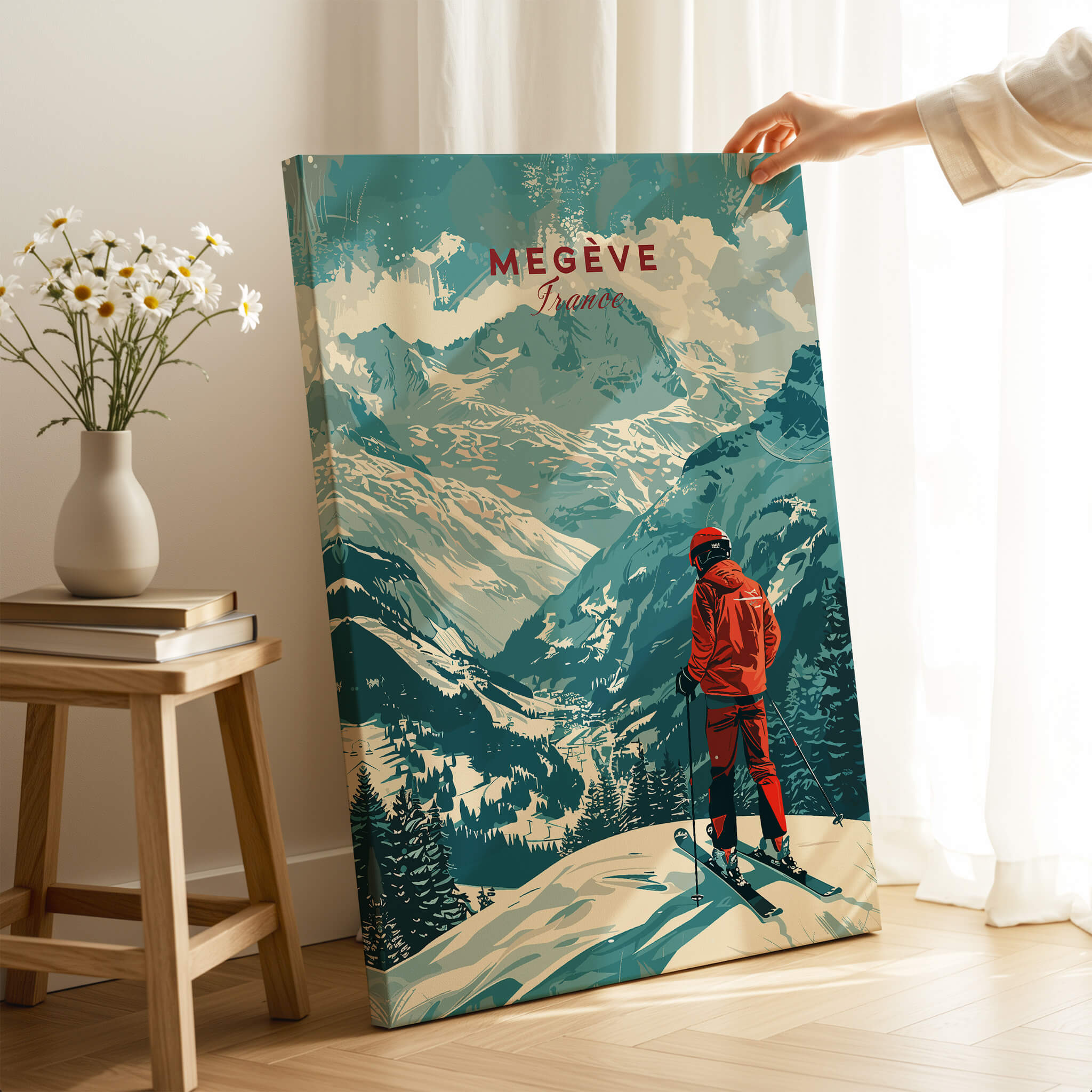 Megève Ski Poster -  France showcasing a skier in the French Alps with vibrant colors and scenic mountain backdrop.