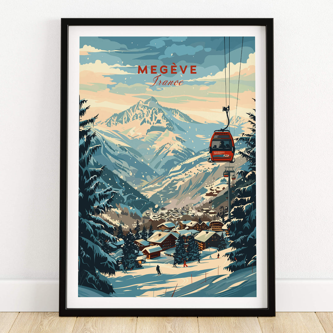 Megève Wall Art Print - France featuring a ski gondola and stunning snowy mountain landscape.