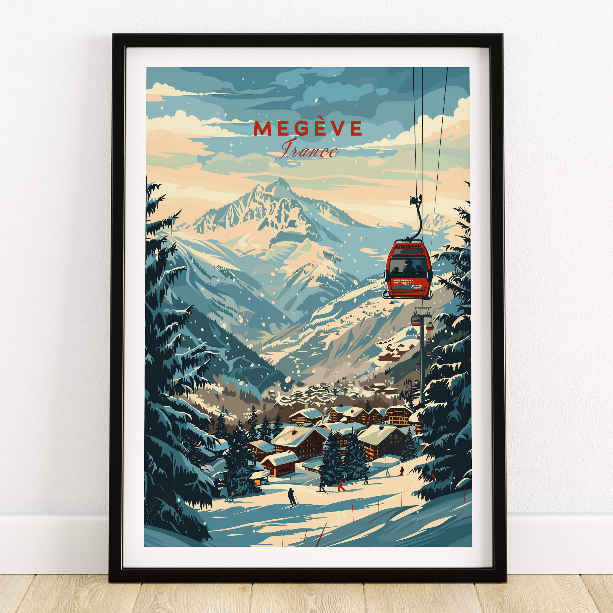 Megève Wall Art Print - France featuring a ski gondola and stunning snowy mountain landscape.