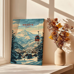 Megève Wall Art Print - France featuring a ski lift and snow-covered mountains in a cozy room setting.