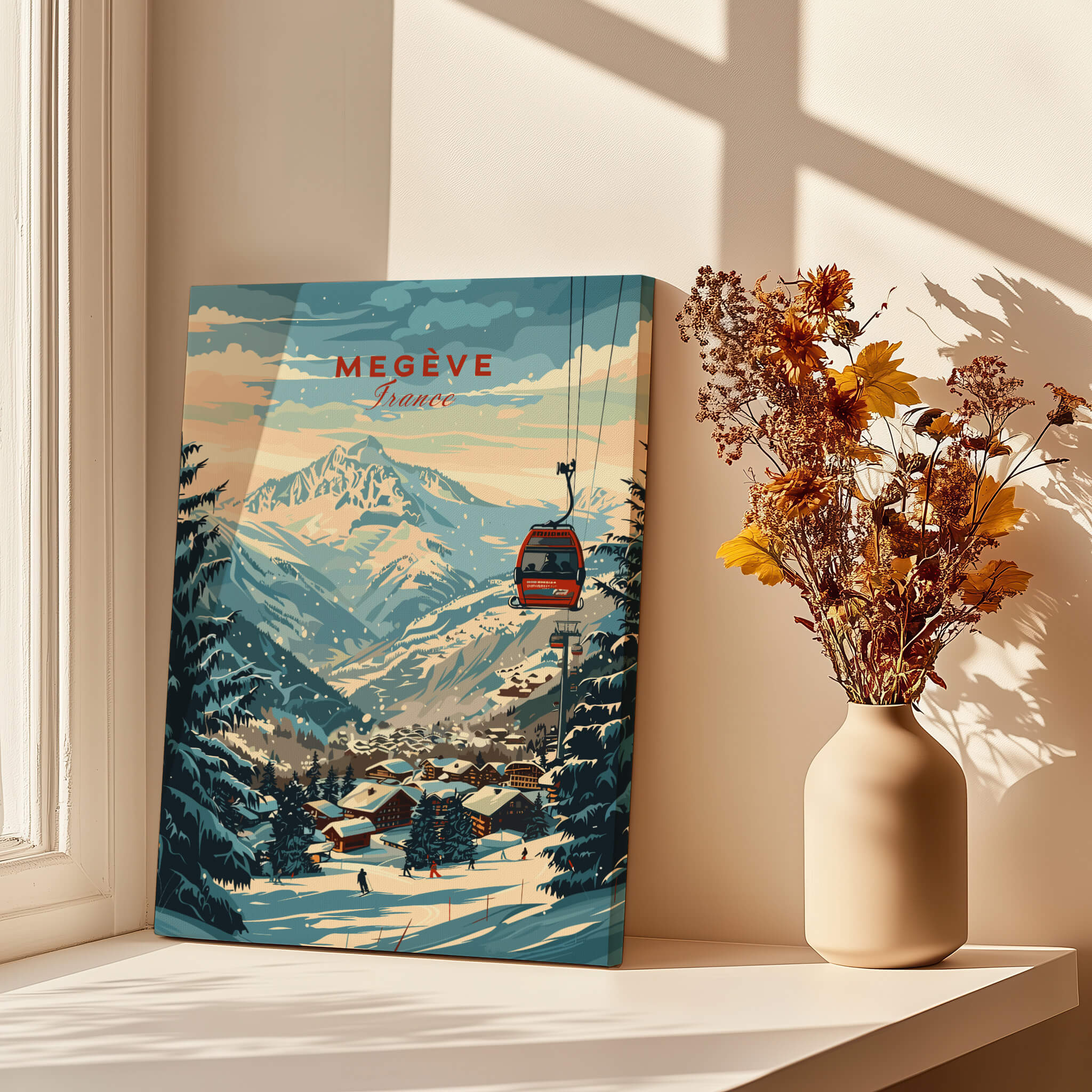 Megève Wall Art Print - France featuring a ski lift and snow-covered mountains in a cozy room setting.