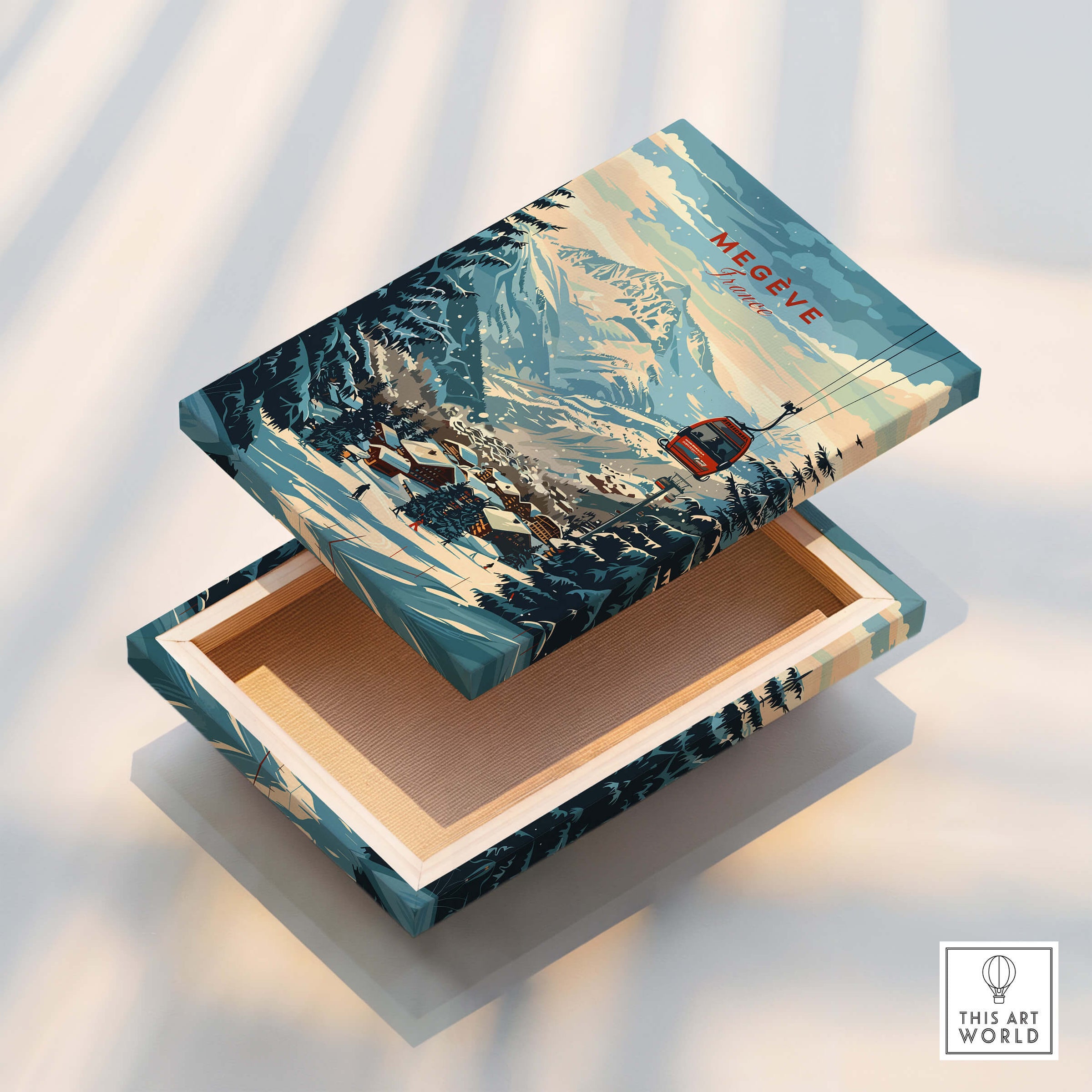 Megève Wall Art Print -  France displayed on a beautifully crafted wooden box with ski theme.