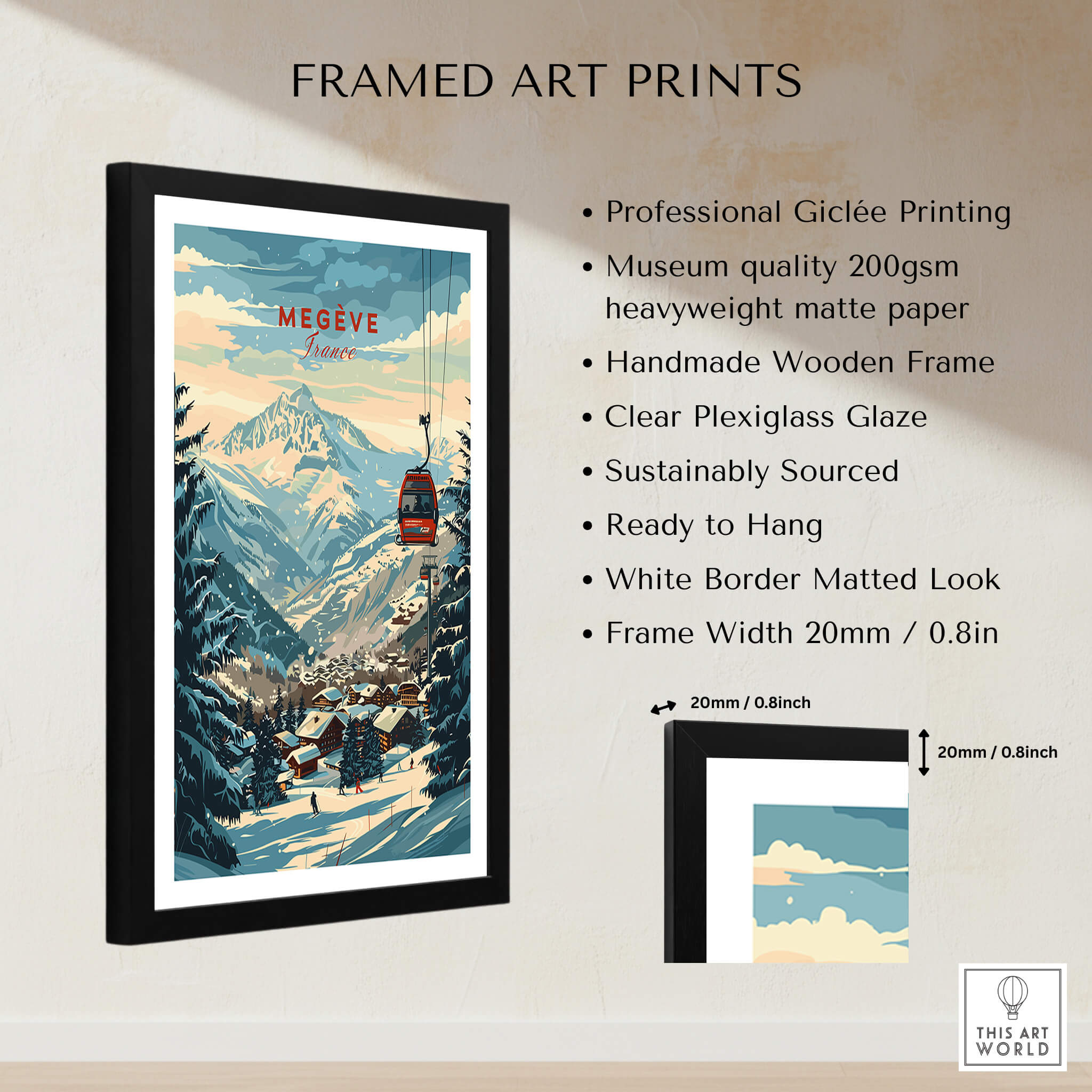 Megève Wall Art Print - France framed art print featuring ski gondola in the Alps with clear plexiglass glaze.
