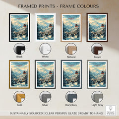 Framed Megève Wall Art Print - France in various frame colors including black, white, natural, and brown.