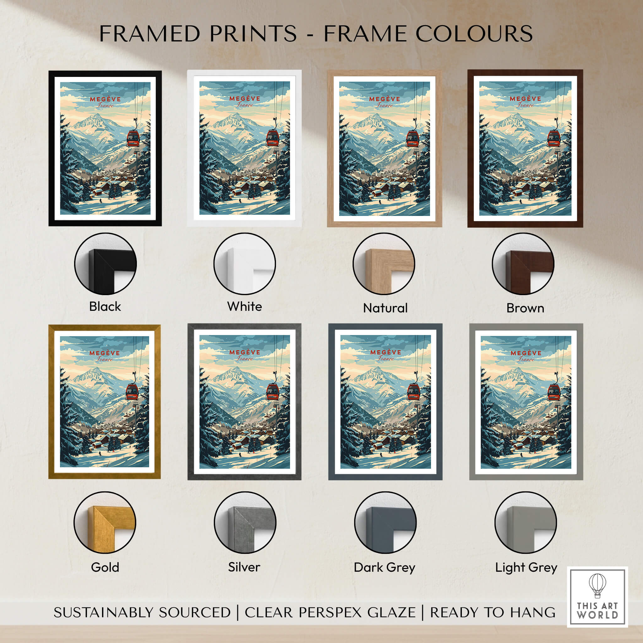 Framed Megève Wall Art Print - France in various frame colors including black, white, natural, and brown.