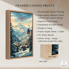 Megève Wall Art Print - France displayed on a wooden frame with mountain scenery and ski lift.