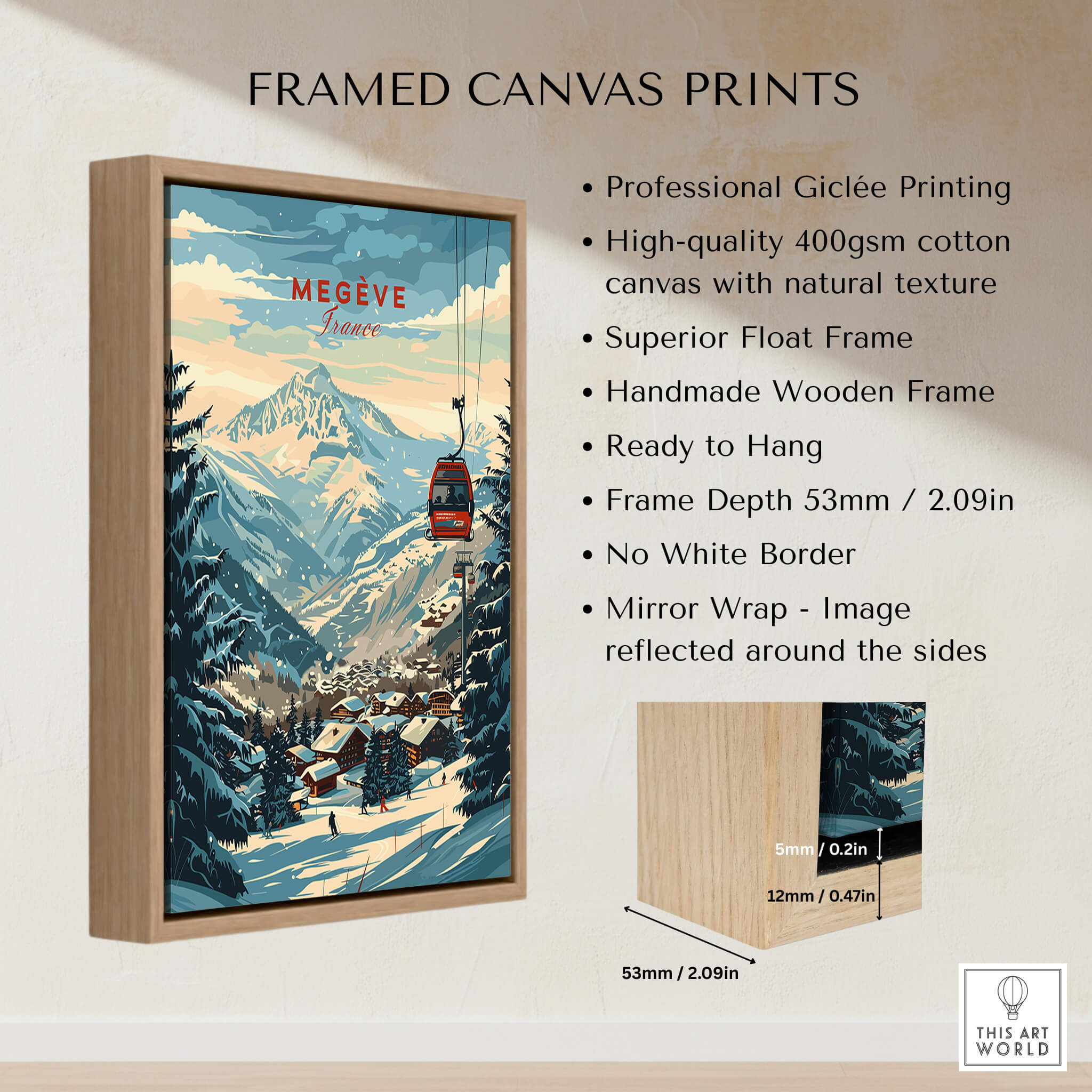 Megève Wall Art Print - France displayed on a wooden frame with mountain scenery and ski lift.