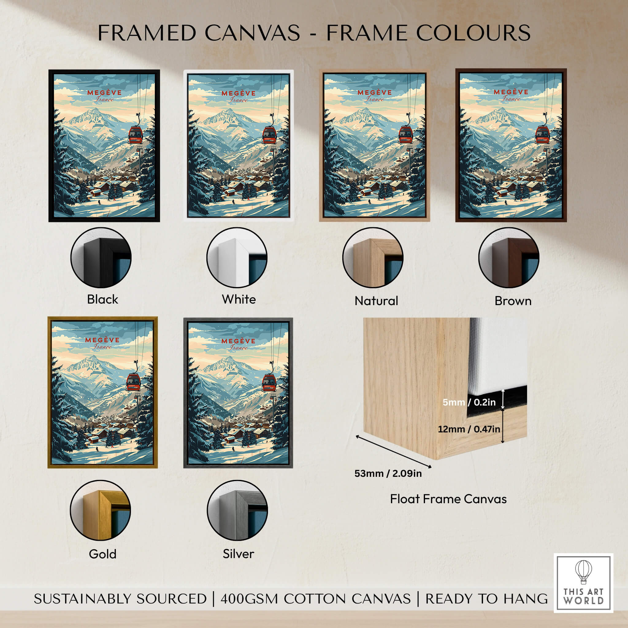 Megève Wall Art Print - France framed in various colors including black, white, natural, brown, gold, and silver.