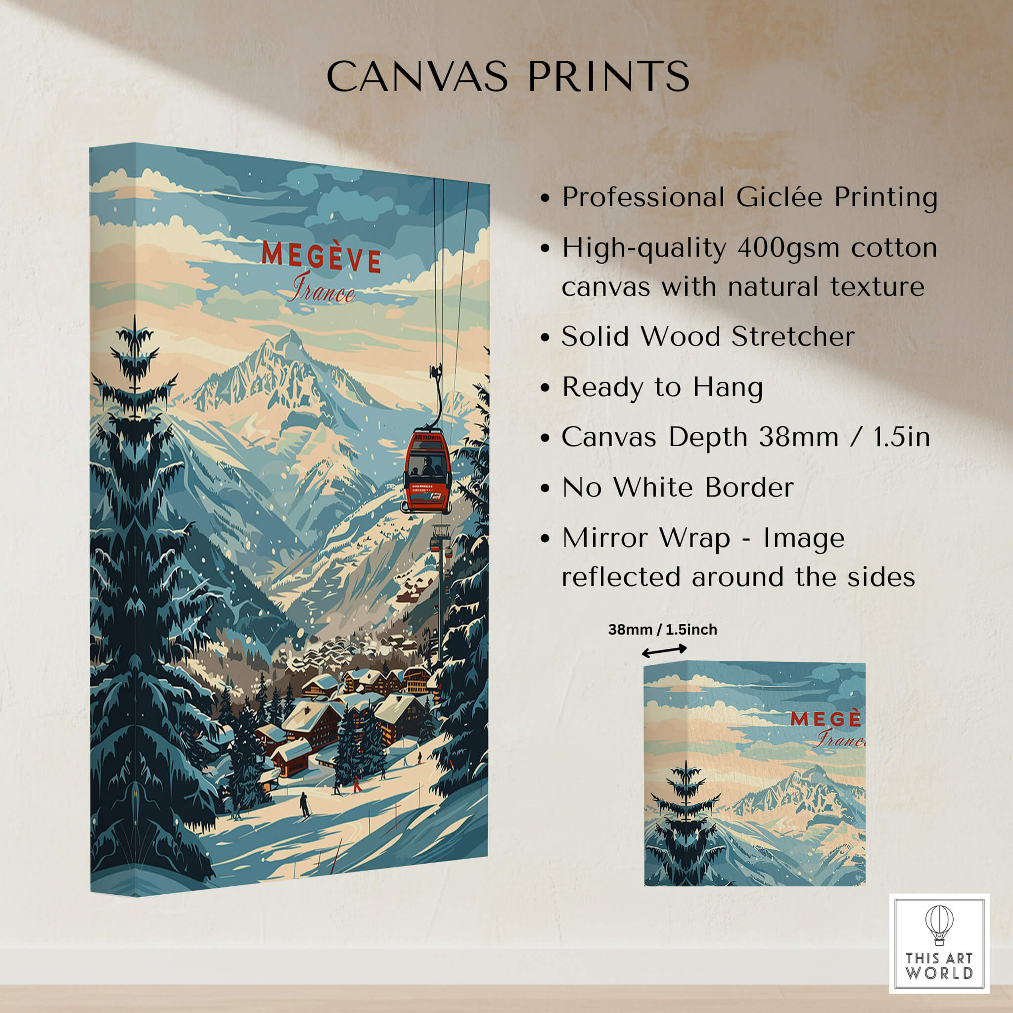 Megève Wall Art Print -  France showcasing a beautiful mountain landscape and ski lift design.