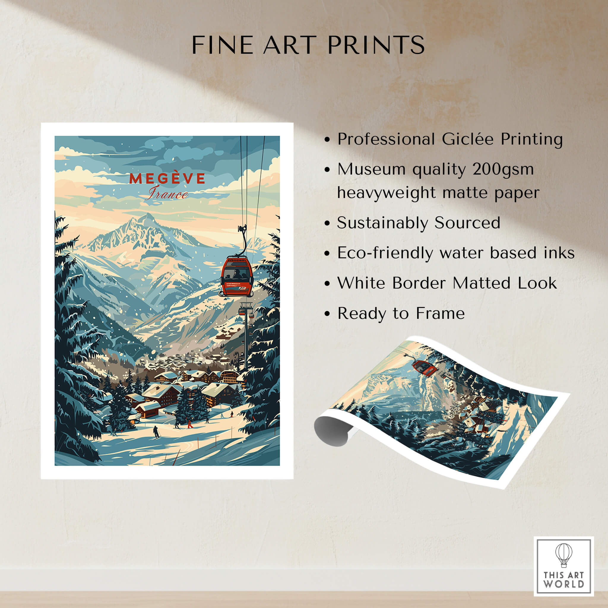Megève Wall Art Print - France showcasing a beautiful mountain landscape with a ski lift and charming village