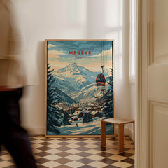 Megève Wall Art Print - France showcasing a ski gondola and snowy mountains, perfect for adding elegance to any room.