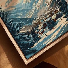 Megève Wall Art Print - France featuring a snowy ski scene with chalets and mountains in an elegant design.