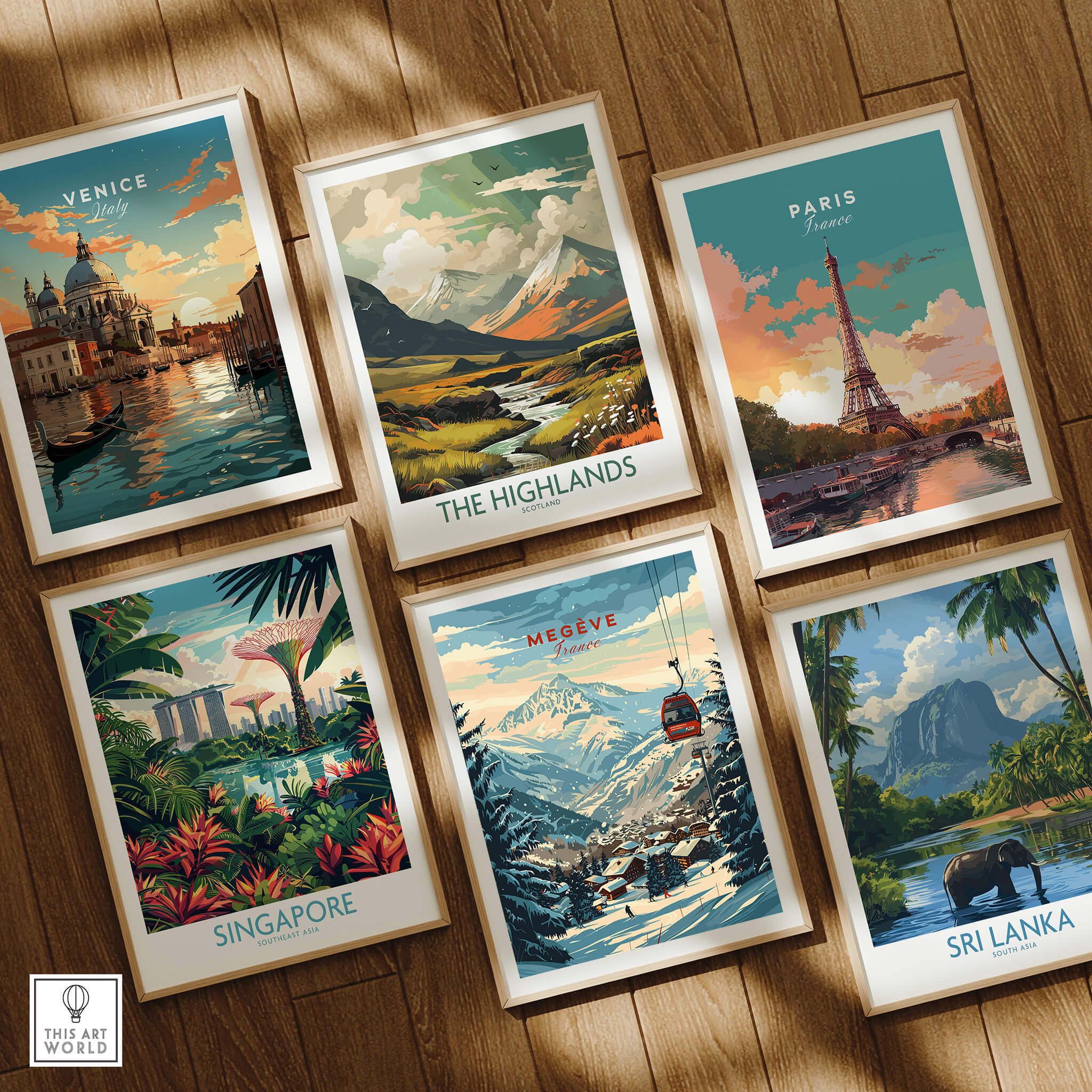 Megève Wall Art Print -  France featured among travel-inspired wall art prints including Venice, Paris, Singapore, and Sri Lanka.