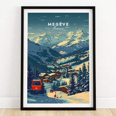 Megève Print France Ski Poster showcasing a scenic view of snow-covered mountains and charming chalets in the French Alps.