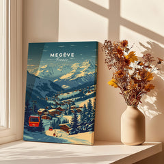 Megève Print France Ski Poster featuring a picturesque ski resort scene in the French Alps.