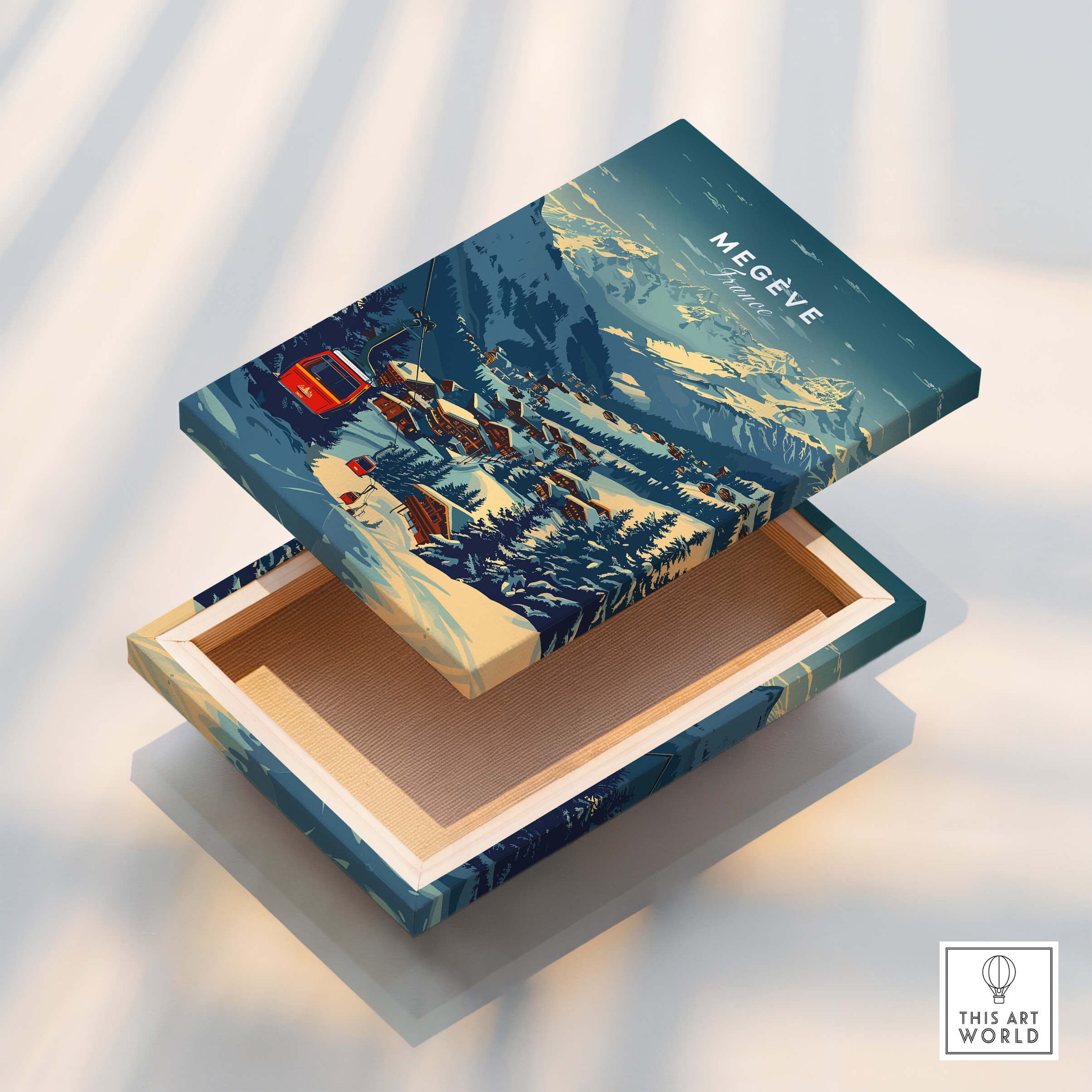 Megève Print France Ski Poster featuring a scenic ski resort box design with mountains and chalets.