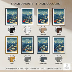 Framed options for Megève Print France Ski Poster in various colors including black, white, natural, brown, gold, silver, dark grey, light grey.