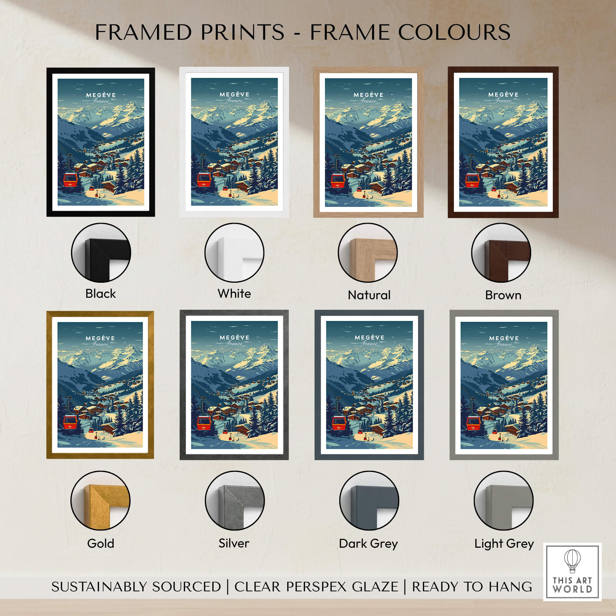 Framed options for Megève Print France Ski Poster in various colors including black, white, natural, brown, gold, silver, dark grey, light grey.