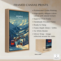 Framed canvas print of Megève Print France Ski Poster featuring scenic mountains and ski lifts.