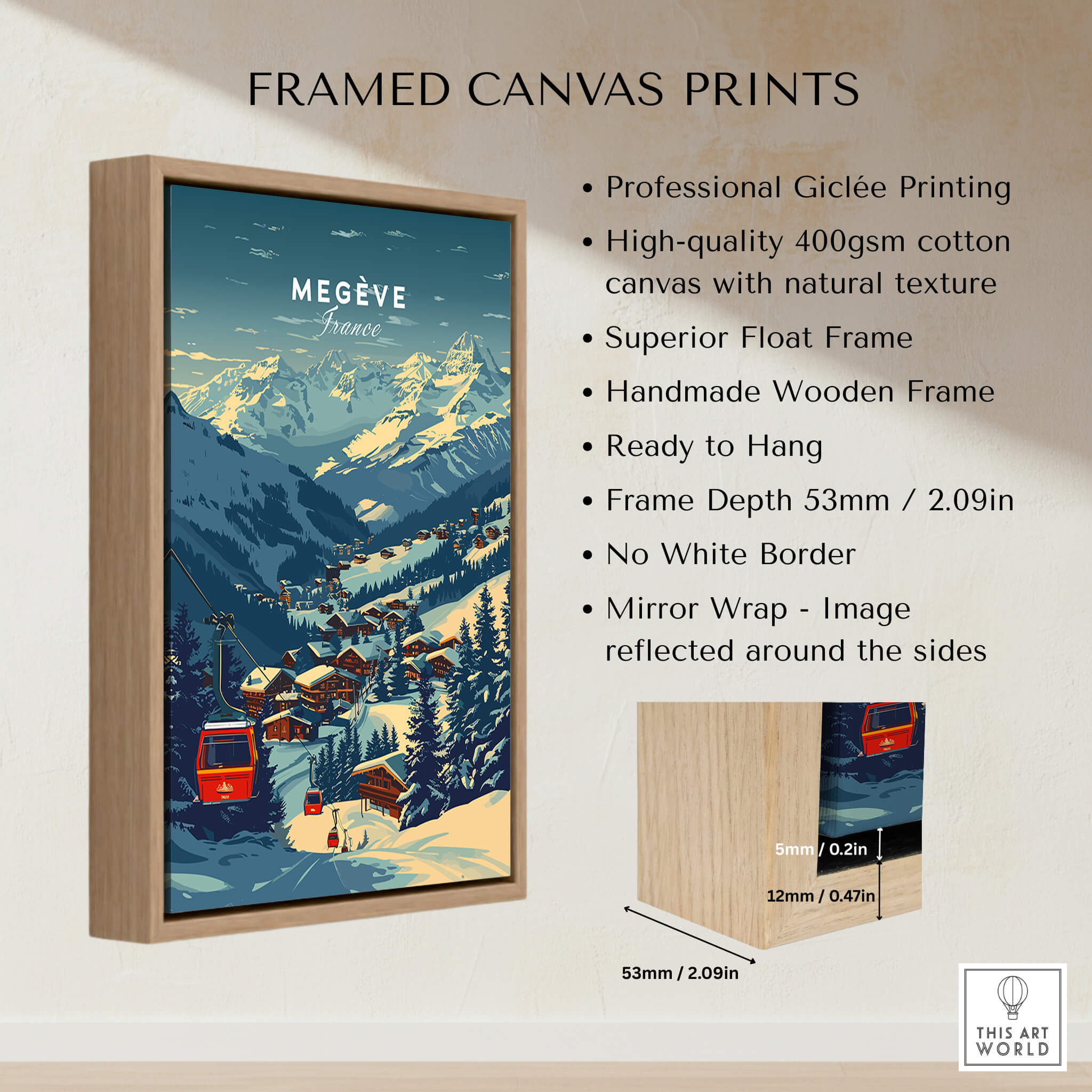 Framed canvas print of Megève Print France Ski Poster featuring scenic mountains and ski lifts.